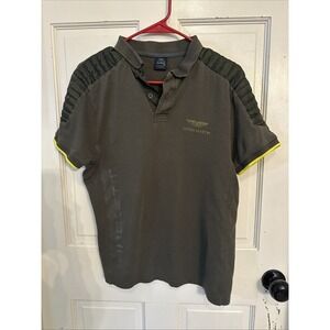 Hackett Aston Martin Racing Polo Shirt Size Medium Olive Green Quilted Shoulder